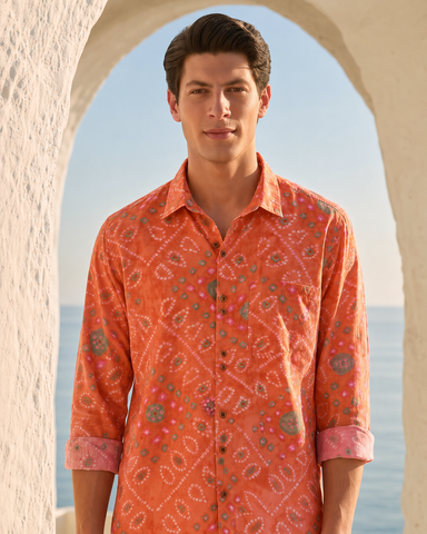 Orange Bandhej Cotton Full Sleeve Shirt for Men