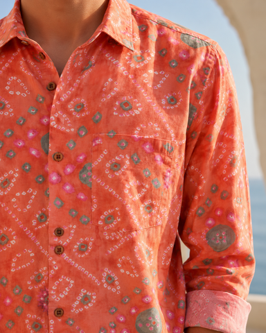 Orange Bandhej Cotton Full Sleeve Shirt for Men