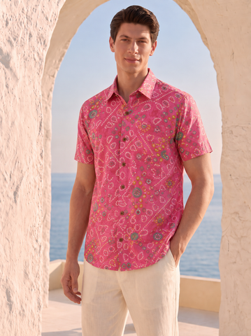 Cotton Peach Half Sleeve Bandhej Shirt for Men