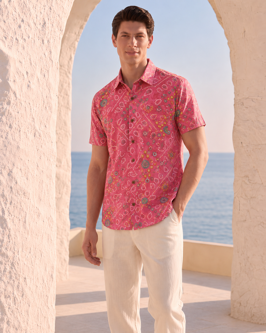 Cotton Peach Half Sleeve Bandhej Shirt for Men