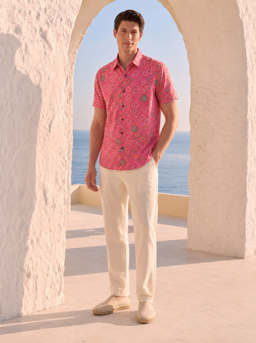 Cotton Peach Half Sleeve Bandhej Shirt for Men