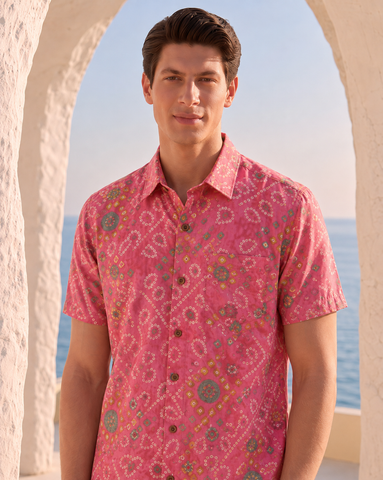 Cotton Peach Half Sleeve Bandhej Shirt for Men