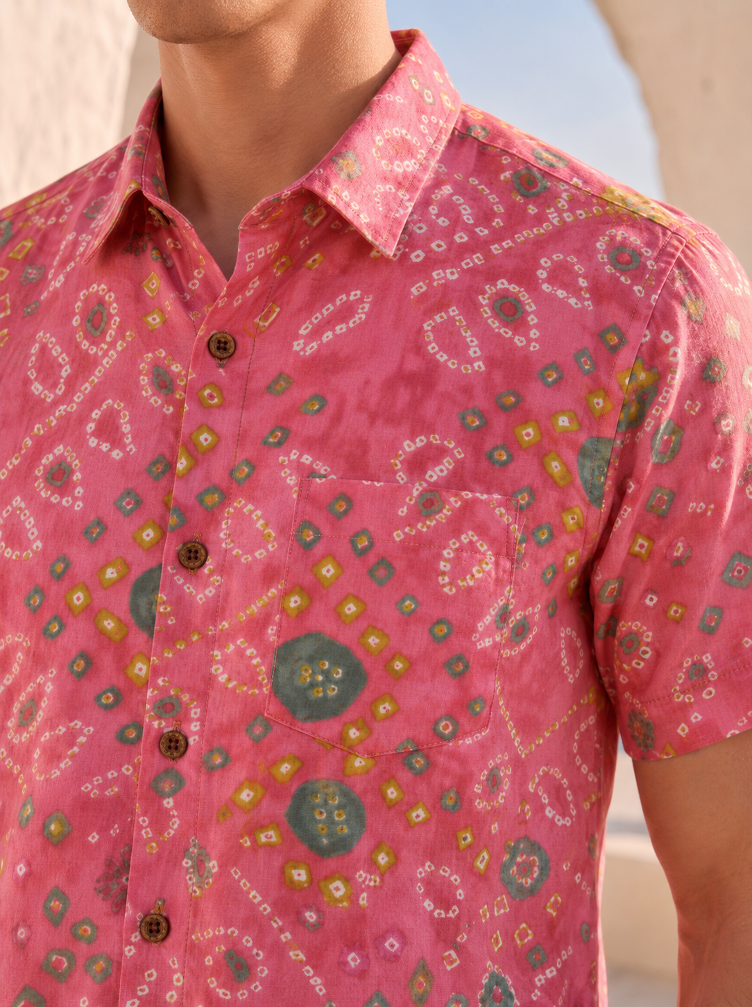 Cotton Peach Half Sleeve Bandhej Shirt for Men