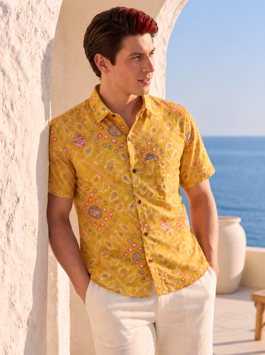 Yellow Bandhej Print Men's Cotton Shirt