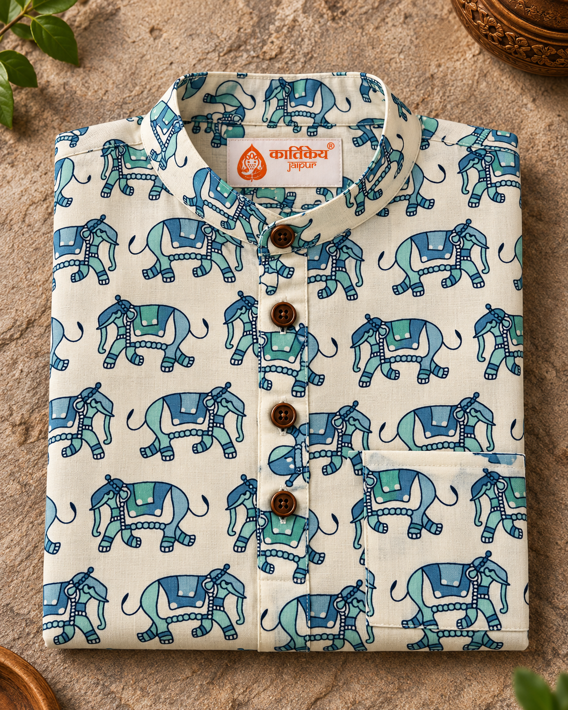 Traditional Elephat Print Cotton Short Kurta For Boys