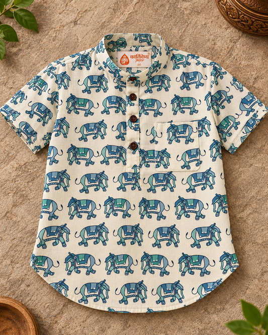 Traditional Elephat Print Cotton Short Kurta For Boys