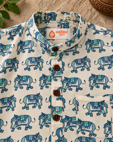 Traditional Elephat Print Cotton Short Kurta For Boys