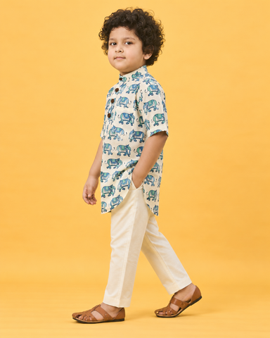 Traditional Elephat Print Cotton Short Kurta For Boys
