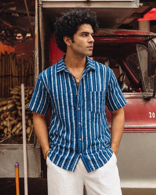 Classic Dual Stripe Indigo Print Shirt for Men