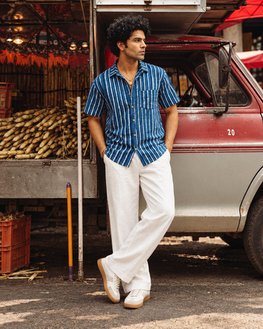 Classic Dual Stripe Indigo Print Shirt for Men