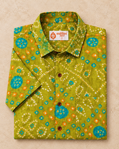 Olive Green Bandhej Print Men's Cotton Shirt