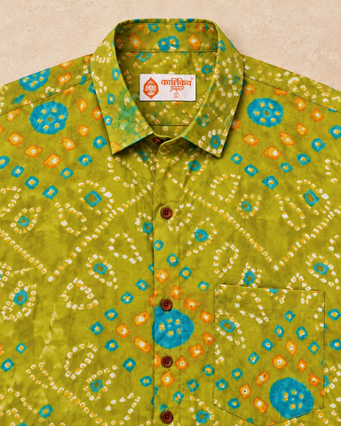 Olive Green Bandhej Print Men's Cotton Shirt