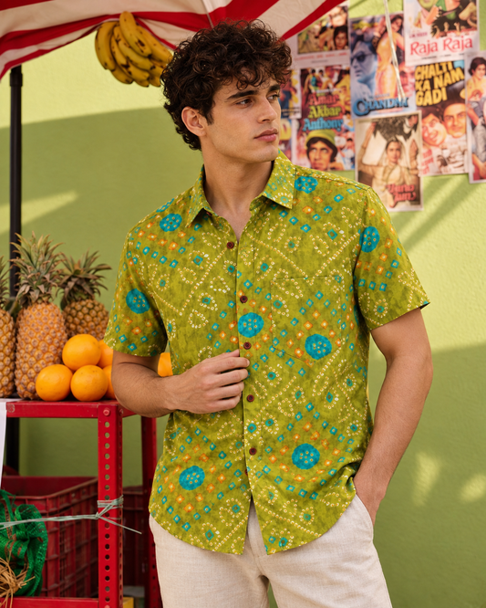 Olive Green Bandhej Print Men's Cotton Shirt