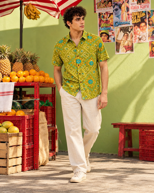 Olive Green Bandhej Print Men's Cotton Shirt