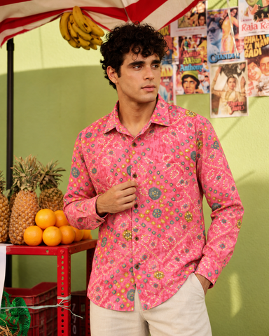 Peach Bandhej Cotton Full Sleeve Shirt for Men