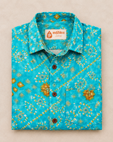 Turquoise Blue Bandhej Print Men's Cotton Shirt