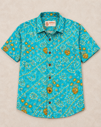 Turquoise Blue Bandhej Print Men's Cotton Shirt