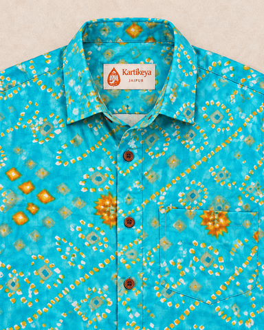 Turquoise Blue Bandhej Print Men's Cotton Shirt