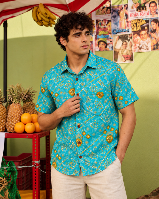 Turquoise Blue Bandhej Print Men's Cotton Shirt