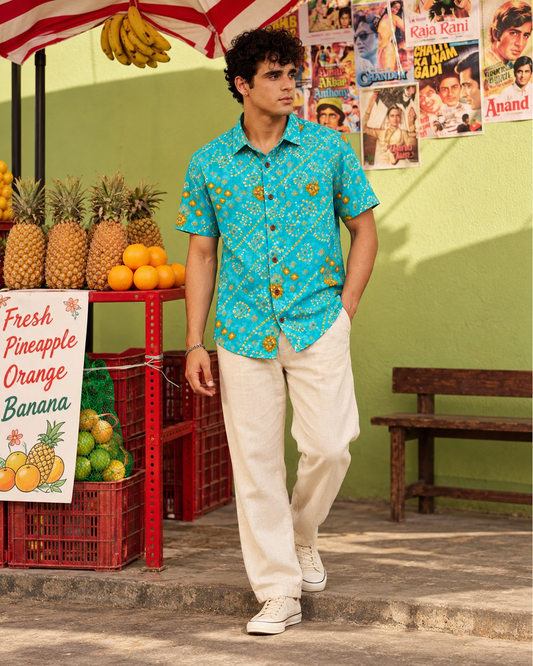 Turquoise Blue Bandhej Print Men's Cotton Shirt