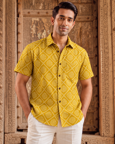 Bandhej Print Classic Cotton Shirt for Men - Mehandi Ceremony