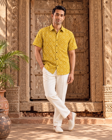 Bandhej Print Classic Cotton Shirt for Men - Mehandi Ceremony