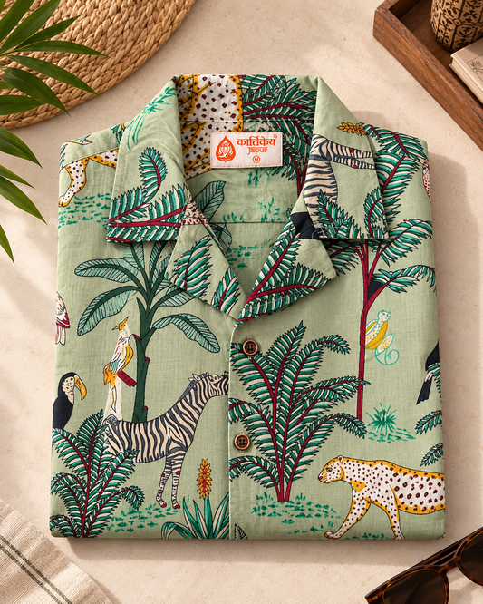Jungle Print Cuban Collar Shirt for Men - Green