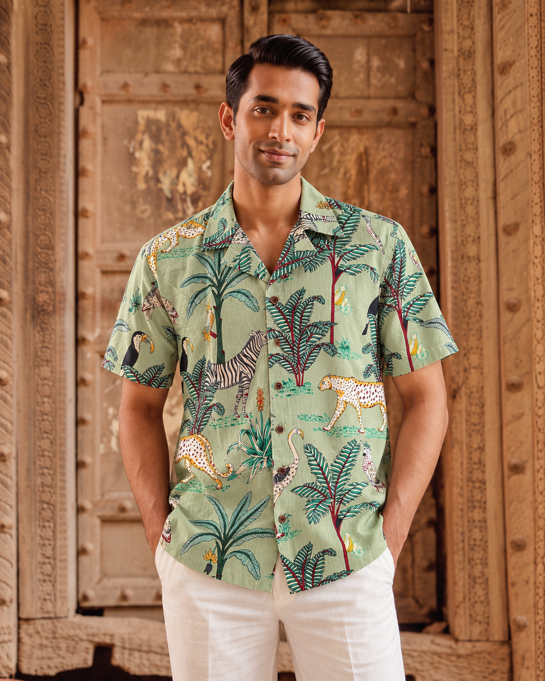 Jungle Print Cuban Collar Shirt for Men - Green