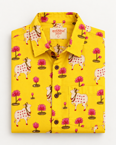 Mens Pichwai Yellow Cow Print Cotton Shirt