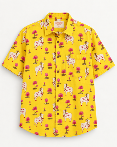 Mens Pichwai Yellow Cow Print Cotton Shirt