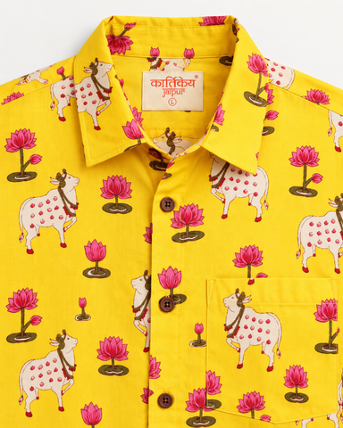 Mens Pichwai Yellow Cow Print Cotton Shirt