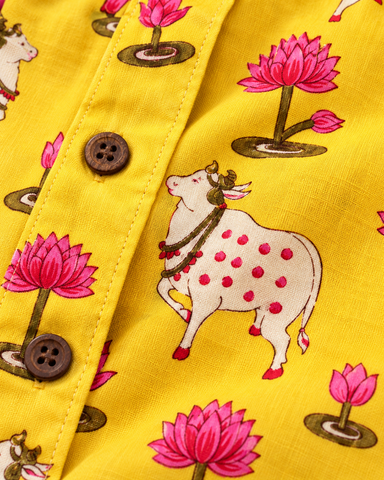 Mens Pichwai Yellow Cow Print Cotton Shirt