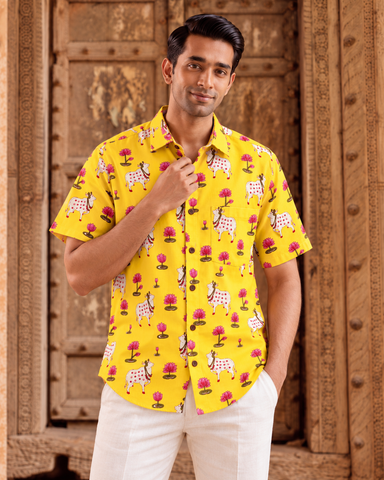 Mens Pichwai Yellow Cow Print Cotton Shirt