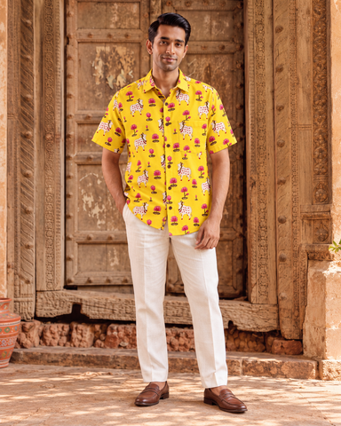 Mens Pichwai Yellow Cow Print Cotton Shirt