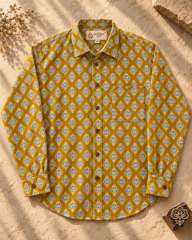 Floral Print Casual Shirt for Men By Kartikeya Jaipur - Mehendi