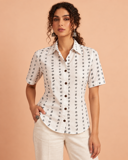 Tamil Alphabet Half Sleeves Classic Shirt for Women
