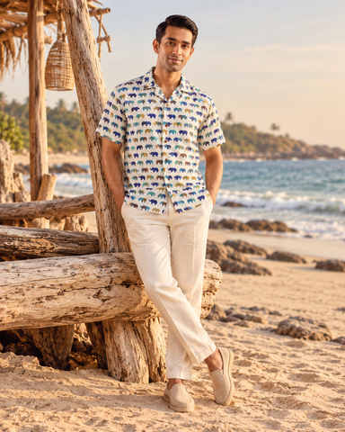 Quirky Elephant Print Camp Collar Shirt