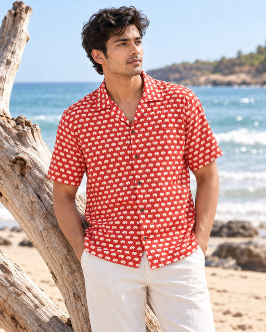 Camp Collar Half Shirt Red