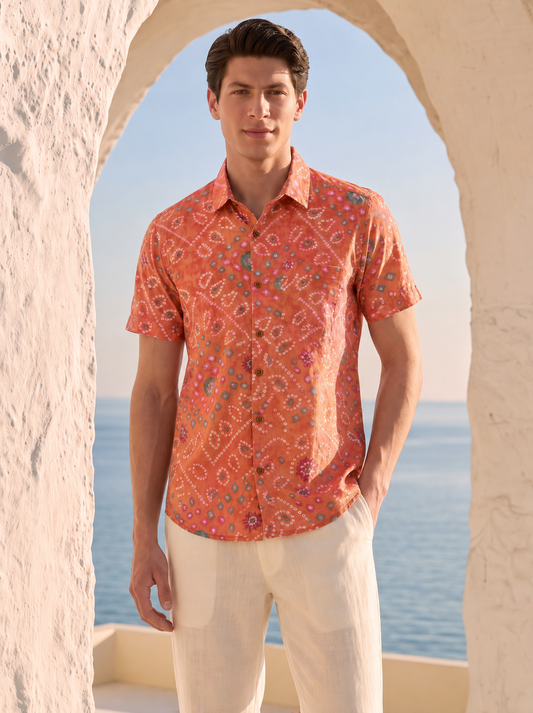 Cotton Orange Half Sleeve Bandhej Shirt for Men
