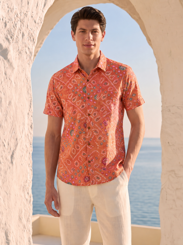 Cotton Orange Half Sleeve Bandhej Shirt for Men