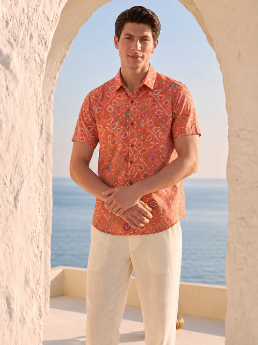 Cotton Orange Half Sleeve Bandhej Shirt for Men