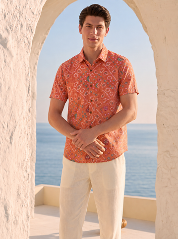 Cotton Orange Half Sleeve Bandhej Shirt for Men
