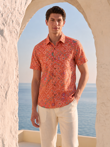 Cotton Orange Half Sleeve Bandhej Shirt for Men