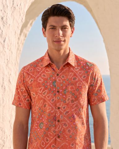 Cotton Orange Half Sleeve Bandhej Shirt for Men