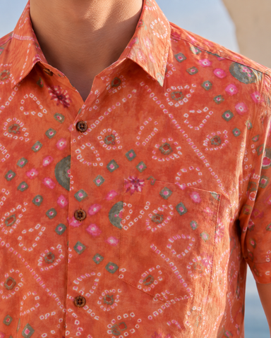 Cotton Orange Half Sleeve Bandhej Shirt for Men