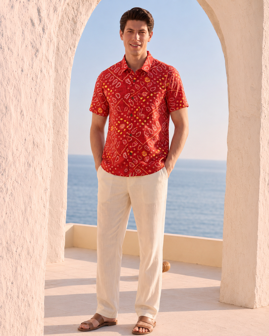 Red Bandhej Print Men's Cotton Shirt by Kartikeya Jaipur