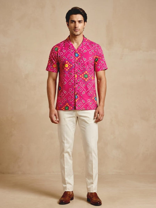 Classic Peach Bandhani Print Cuban Collar Shirt for Men