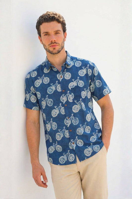 Bicycle Print Indigo Men's Shirt