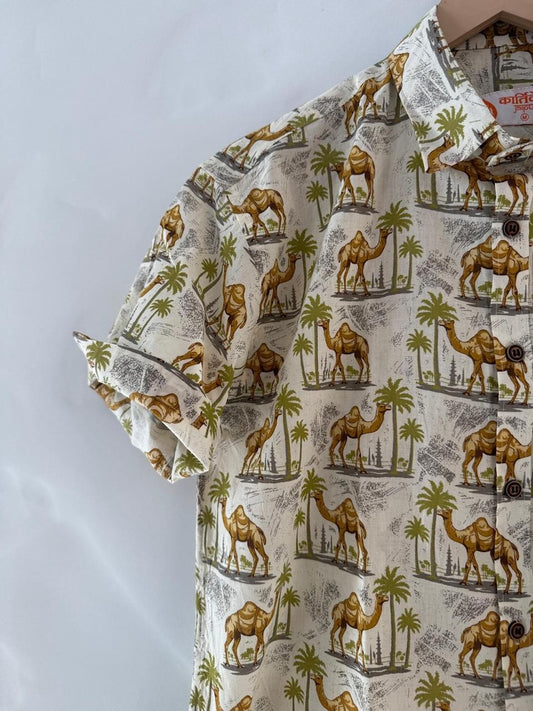 Traditional Camel Print Cotton Half Sleeve Shirt for Men