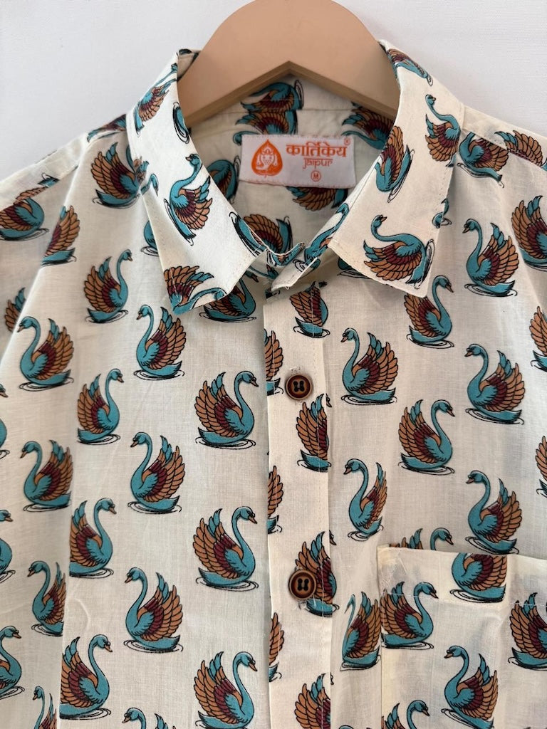 Cute Swan Print Cotton Half Sleeve Shirt for Men